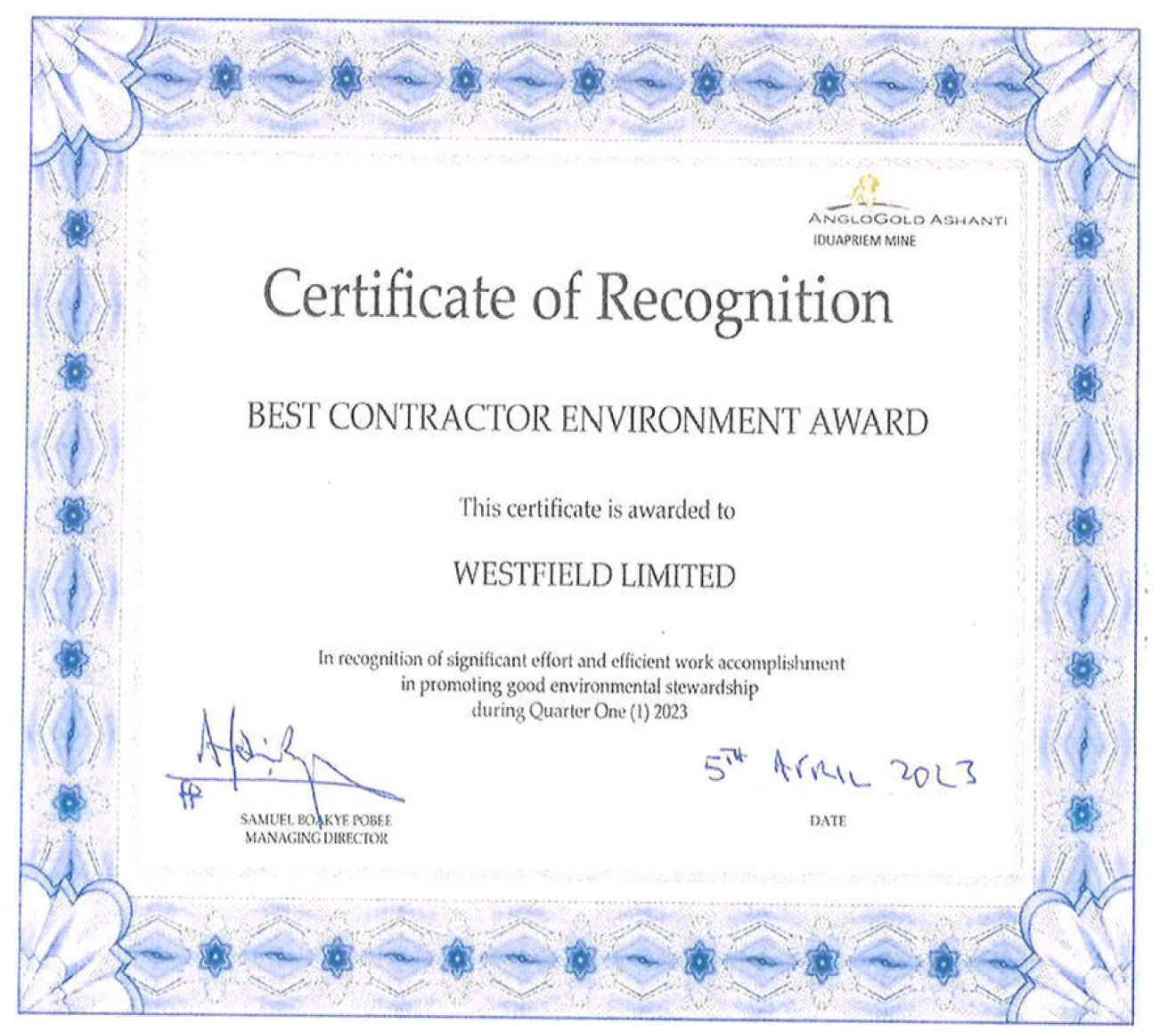 Westfield award certificate